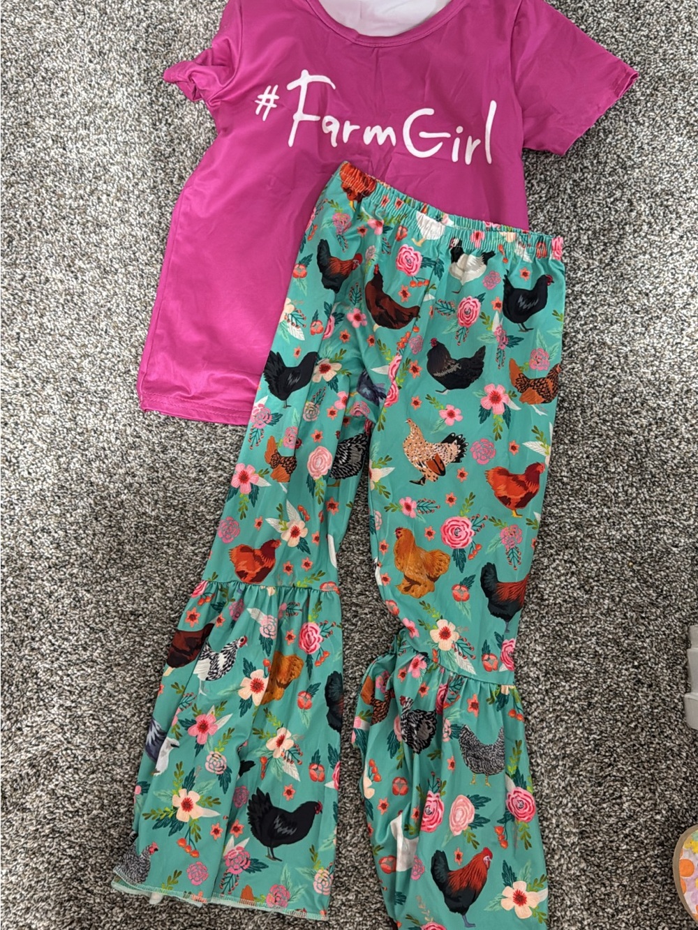 Kids' FarmGirl Pink Top & Turquoise Chicken-Print Ruffle Pants Matching Set